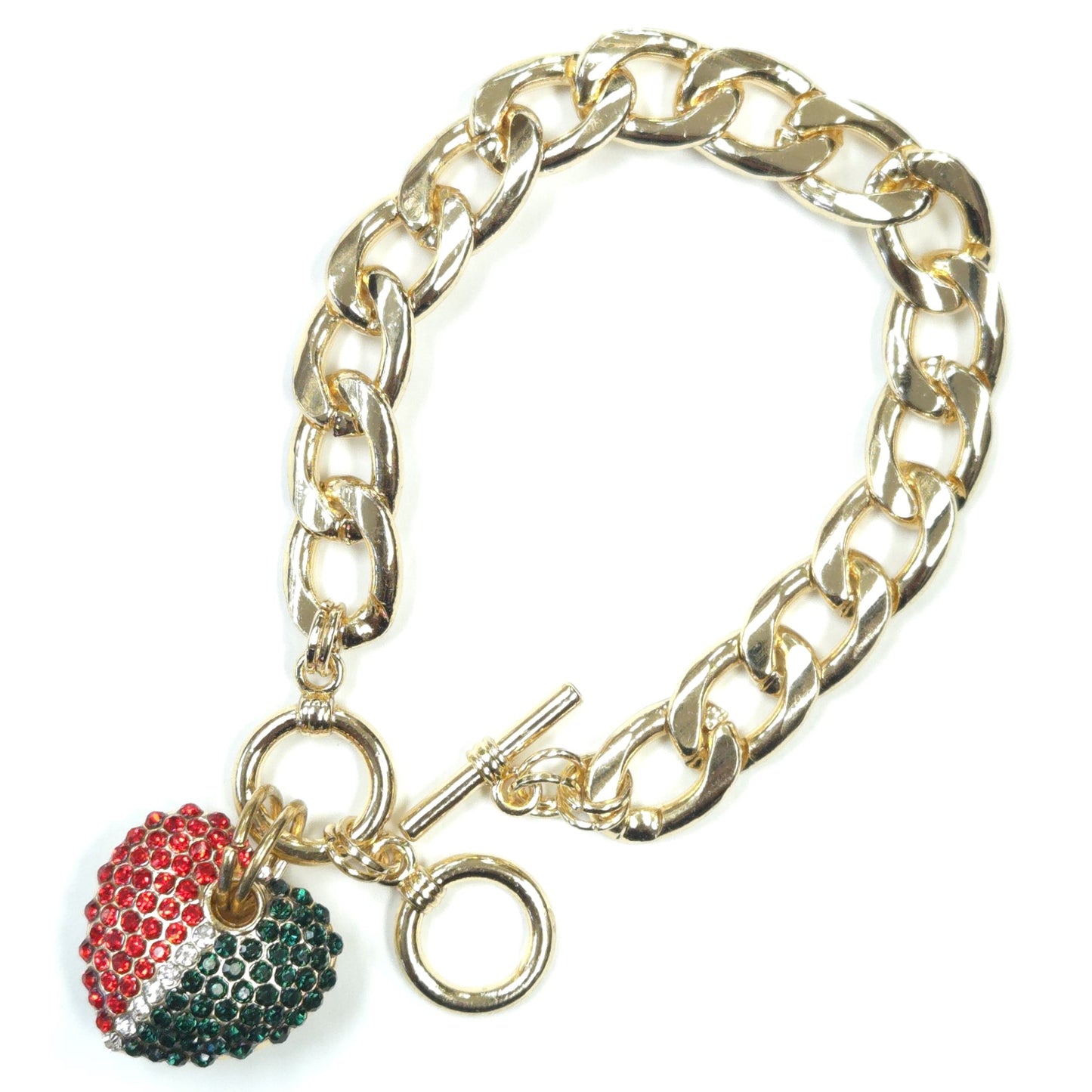 Gold chain bracelet with a heart-shaped charm on a white background