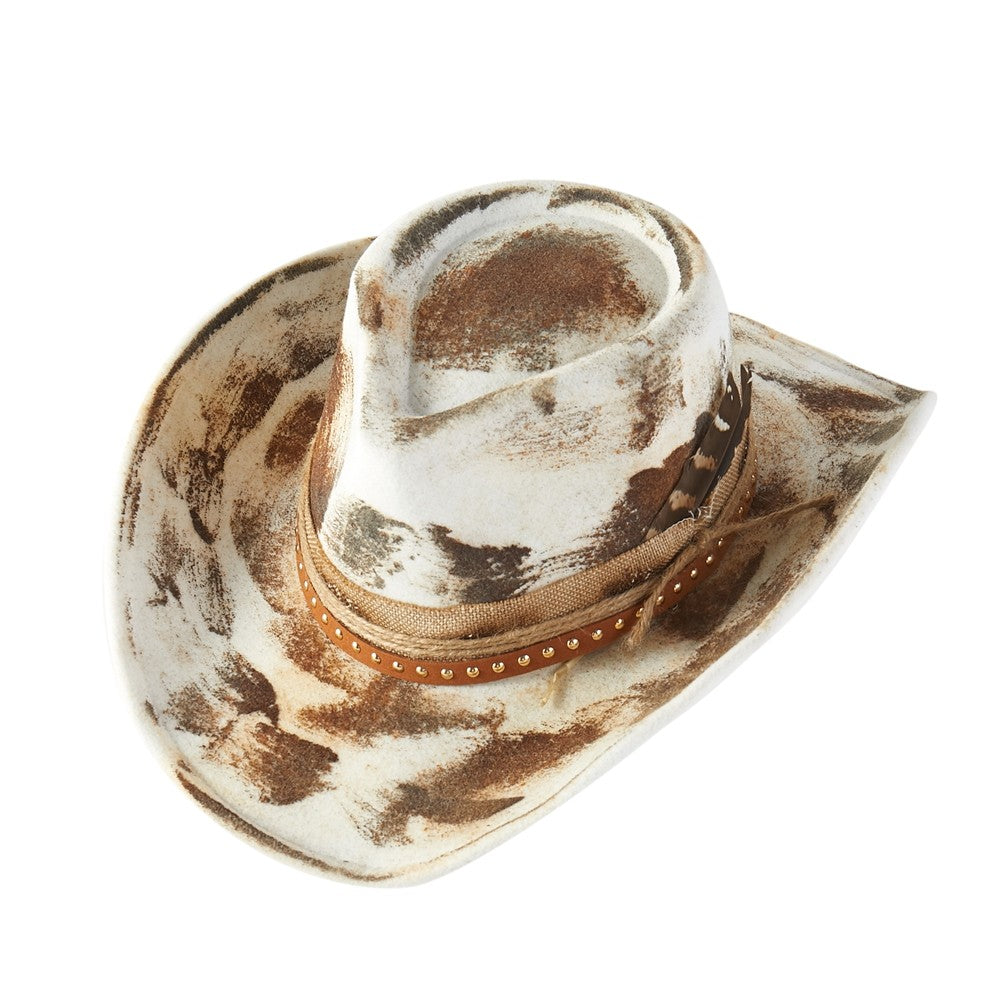 Cowboy hat with feather and band on a white background