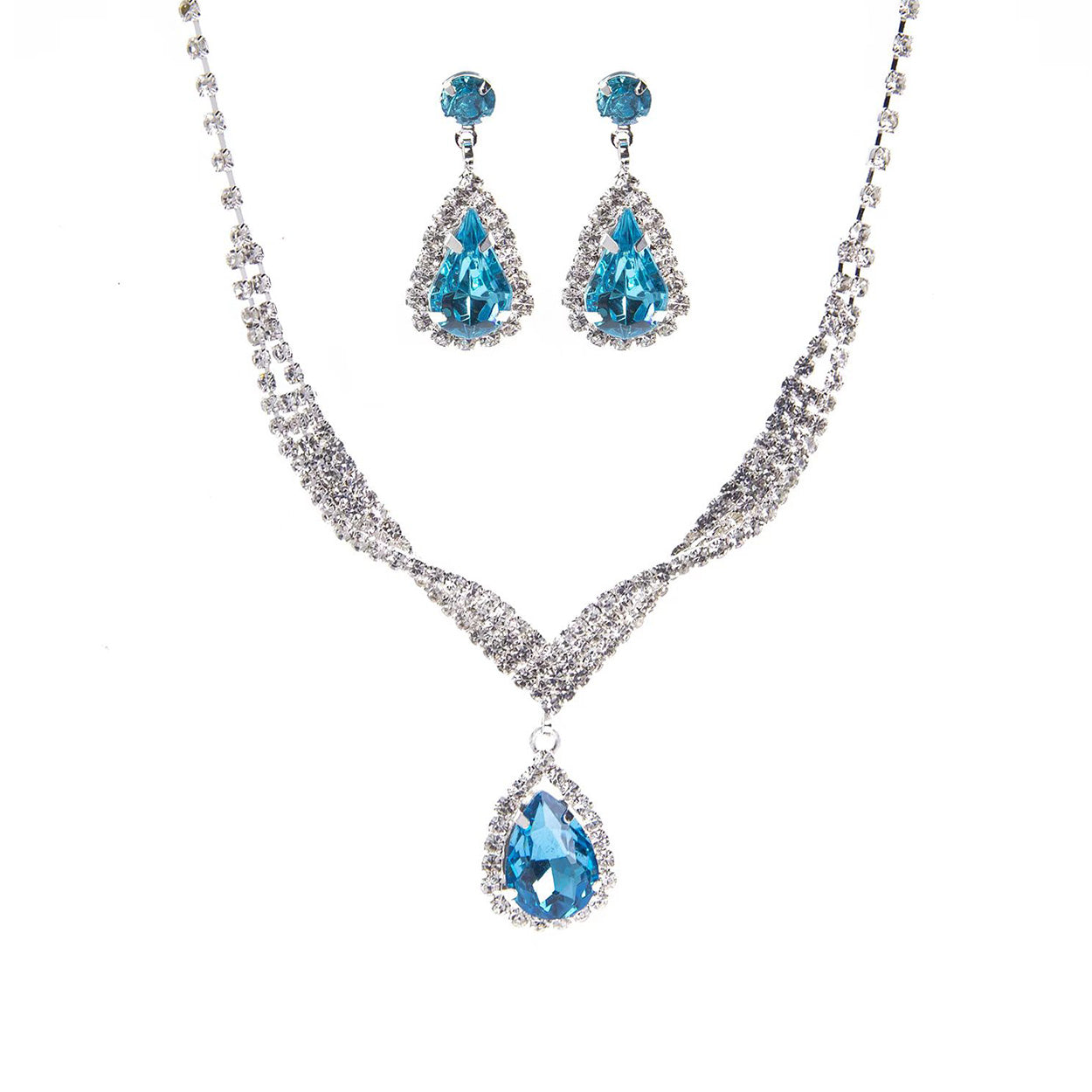 Jewelry set with blue teardrop-shaped stones on a white background