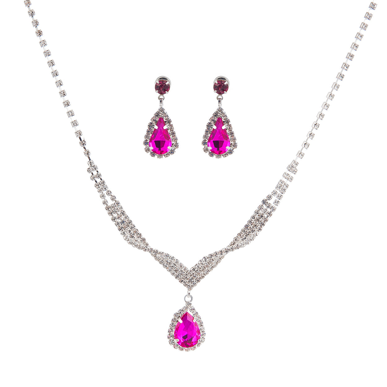 Jewelry set with pink teardrop-shaped stones on a white background