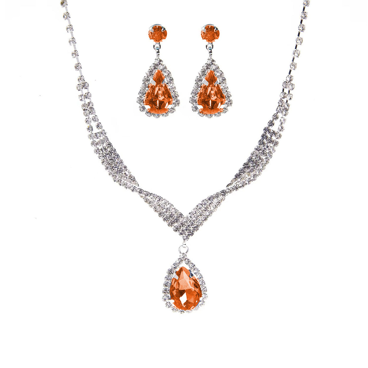 Jewelry set with orange teardrop-shaped stones on a white background