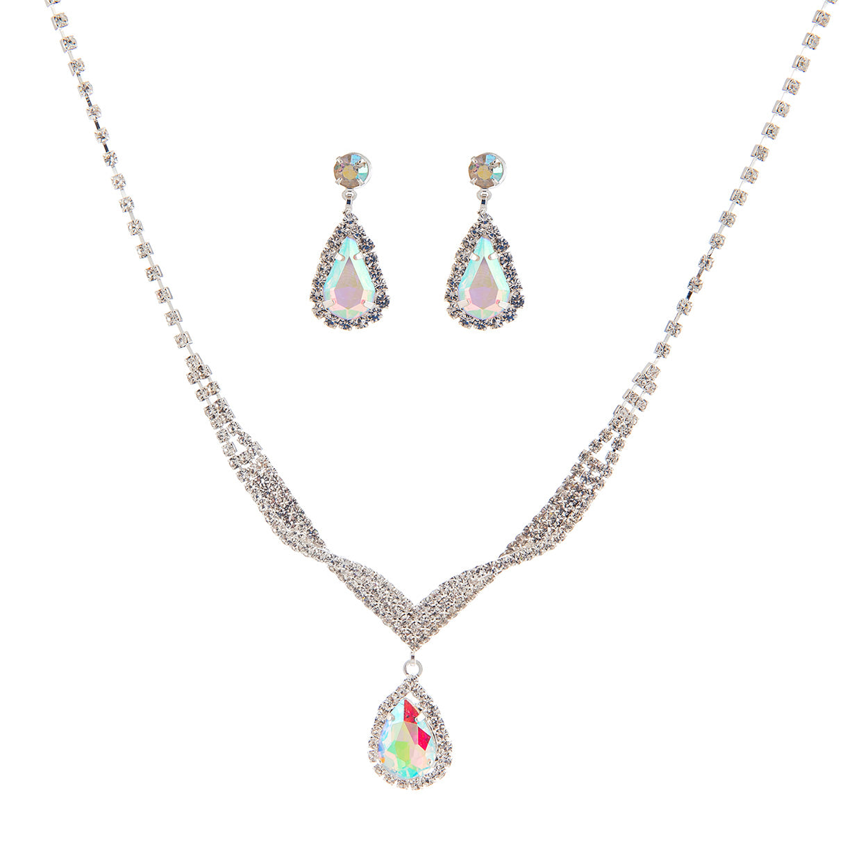 Jewelry set with necklace and earrings featuring teardrop-shaped pendants on a white background