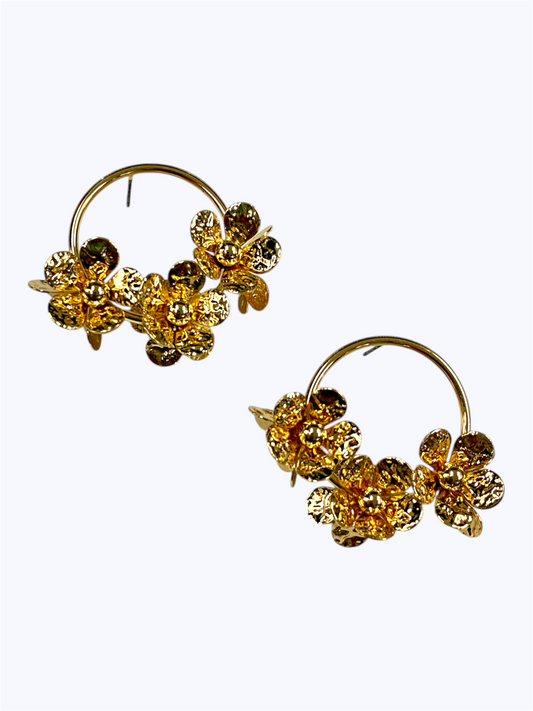Floral hoop earrings with clustered textured flower accents and delicate botanical detailing.