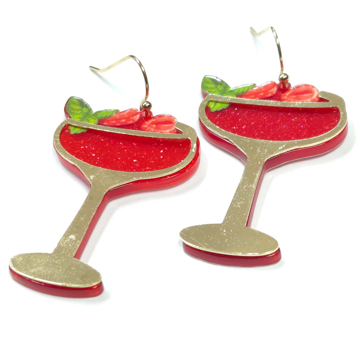 Red and gold wine glass-shaped earrings on a white background
