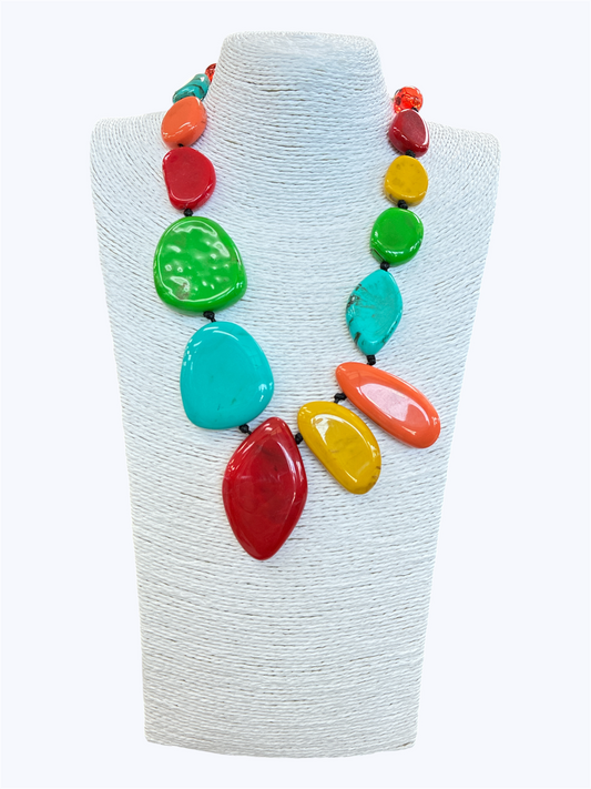 Multicolor statement necklace with oversized glossy resin stones in vibrant red, turquoise, green, yellow, and coral tones for a bold artistic boutique look.