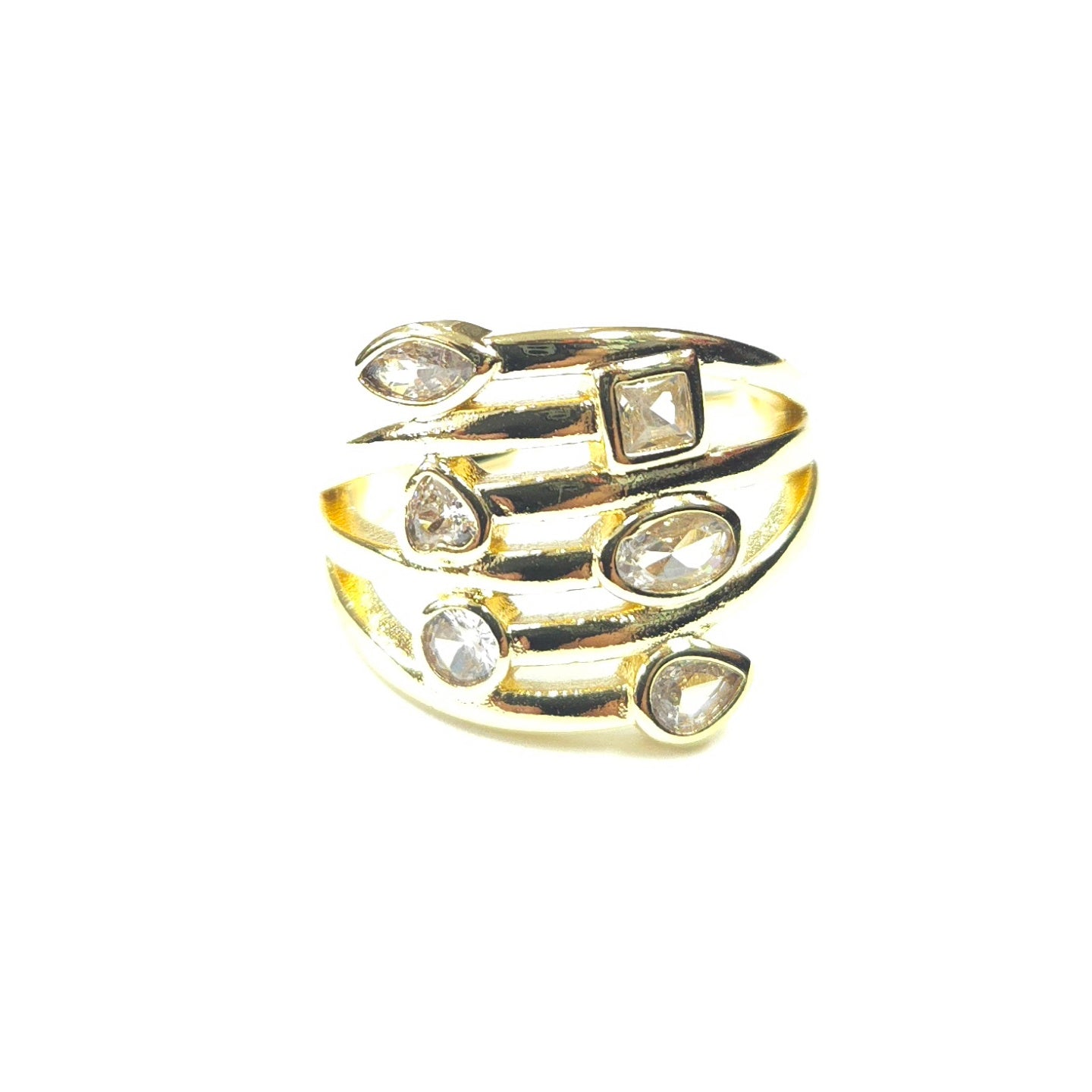 Gold ring with embedded crystals on a white background