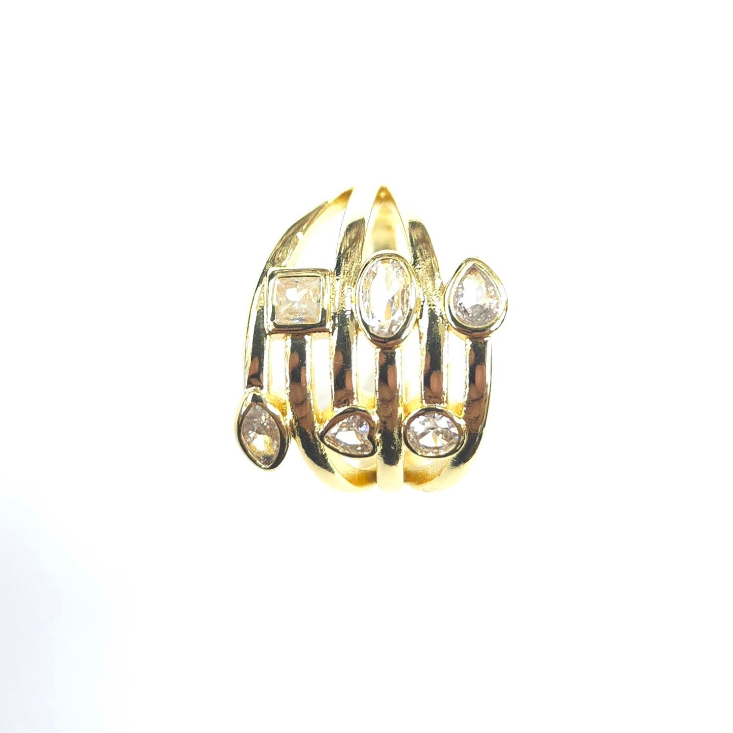 Gold ring with embedded diamonds on a white background