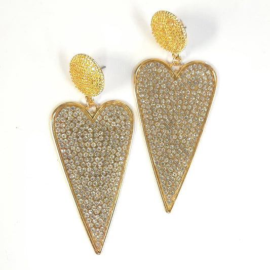 Heart-shaped earrings with gold and crystal detailing on a white background