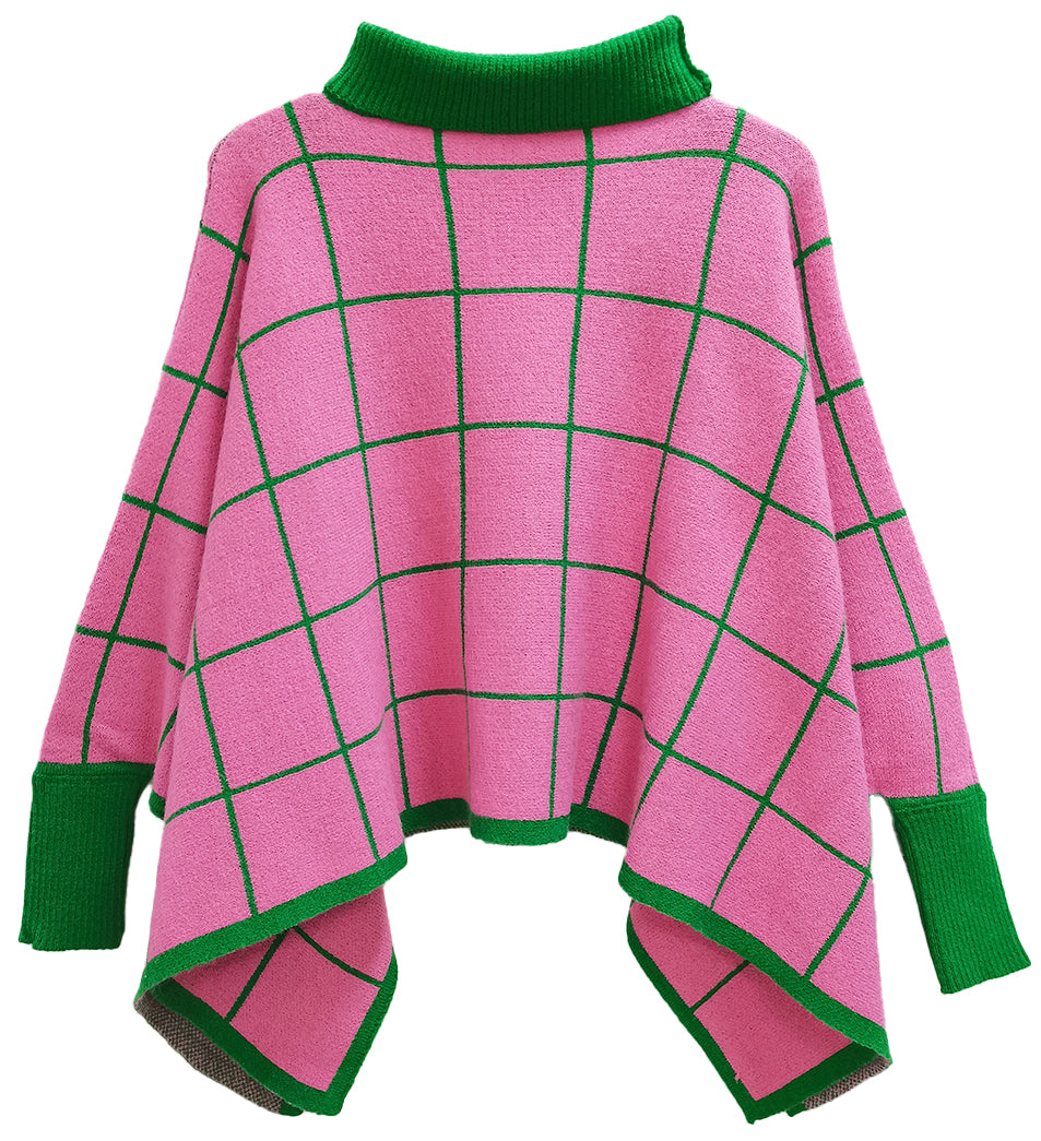A pink and green checkered poncho with a high neck and long sleeves.