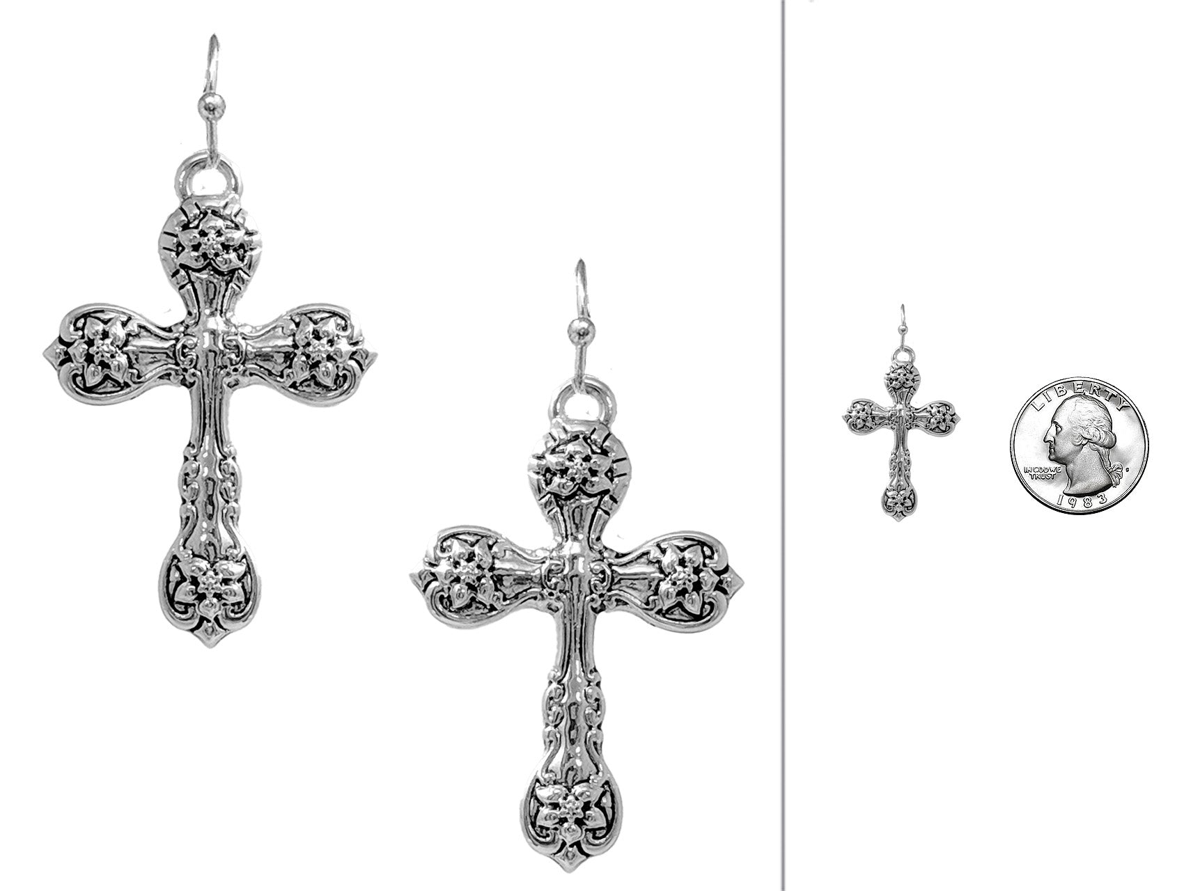 Silver cross earrings on a white background