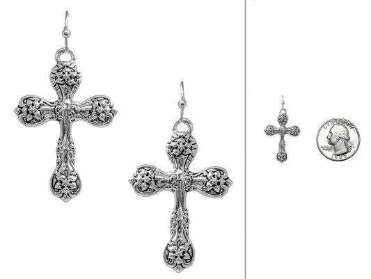 Silver cross earrings on a white background