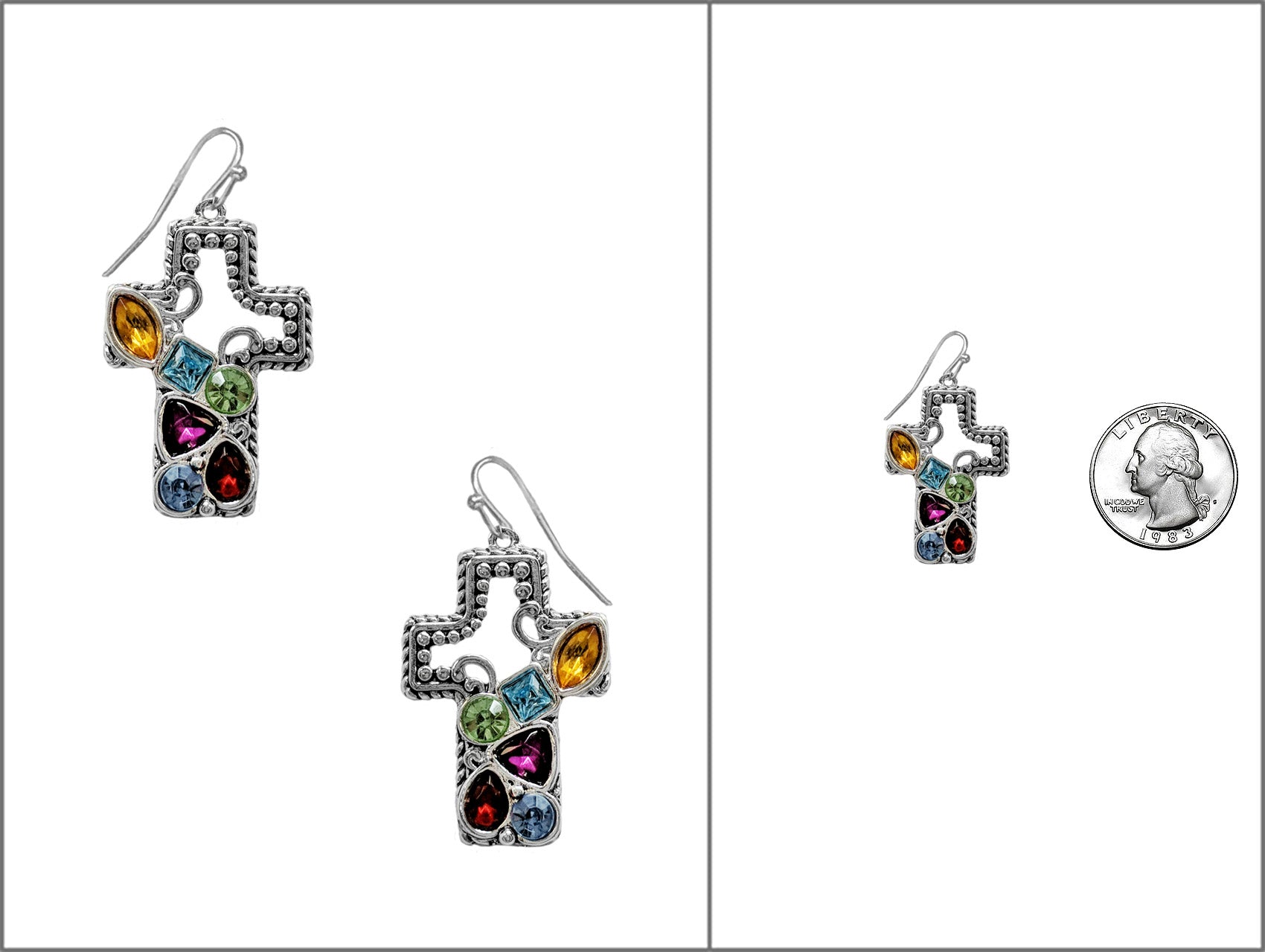 Colorful gemstone earrings with a silver frame on a white background, shown with a quarter for scale.