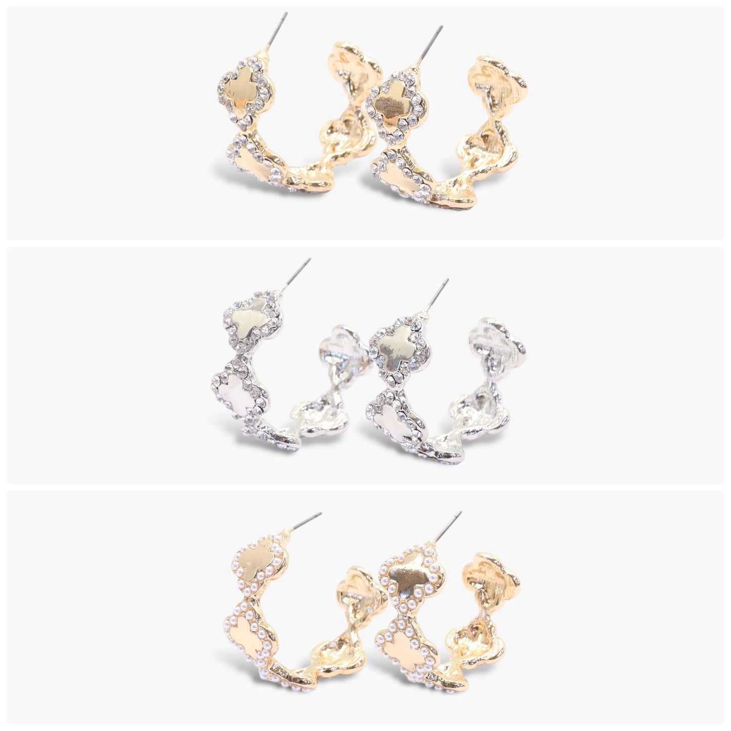 A set of three pair of earrings, with the top pair being silver, the middle pair being gold, and the bottom pair being a mix of silver and gold. Each pair has an open hoop design with intricate details.