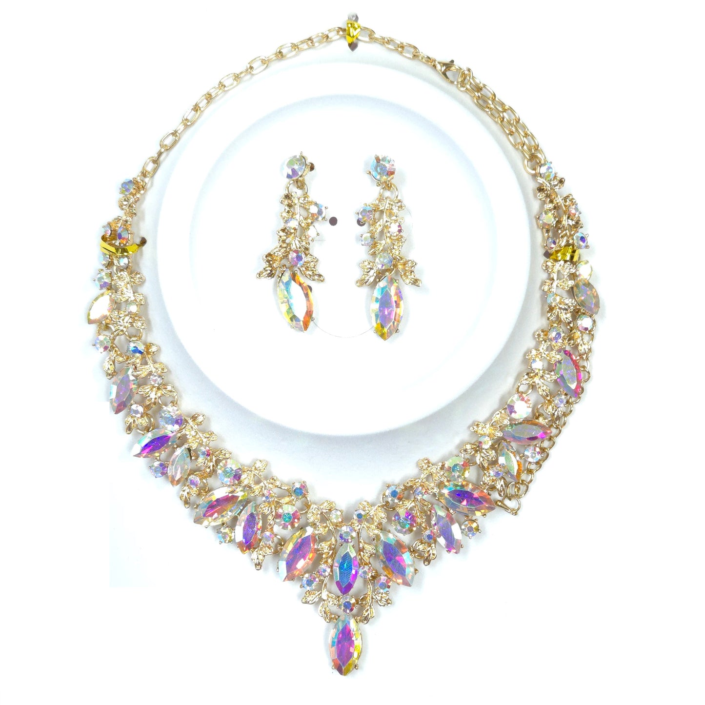 Necklace and earrings set with colorful gemstones on a white background