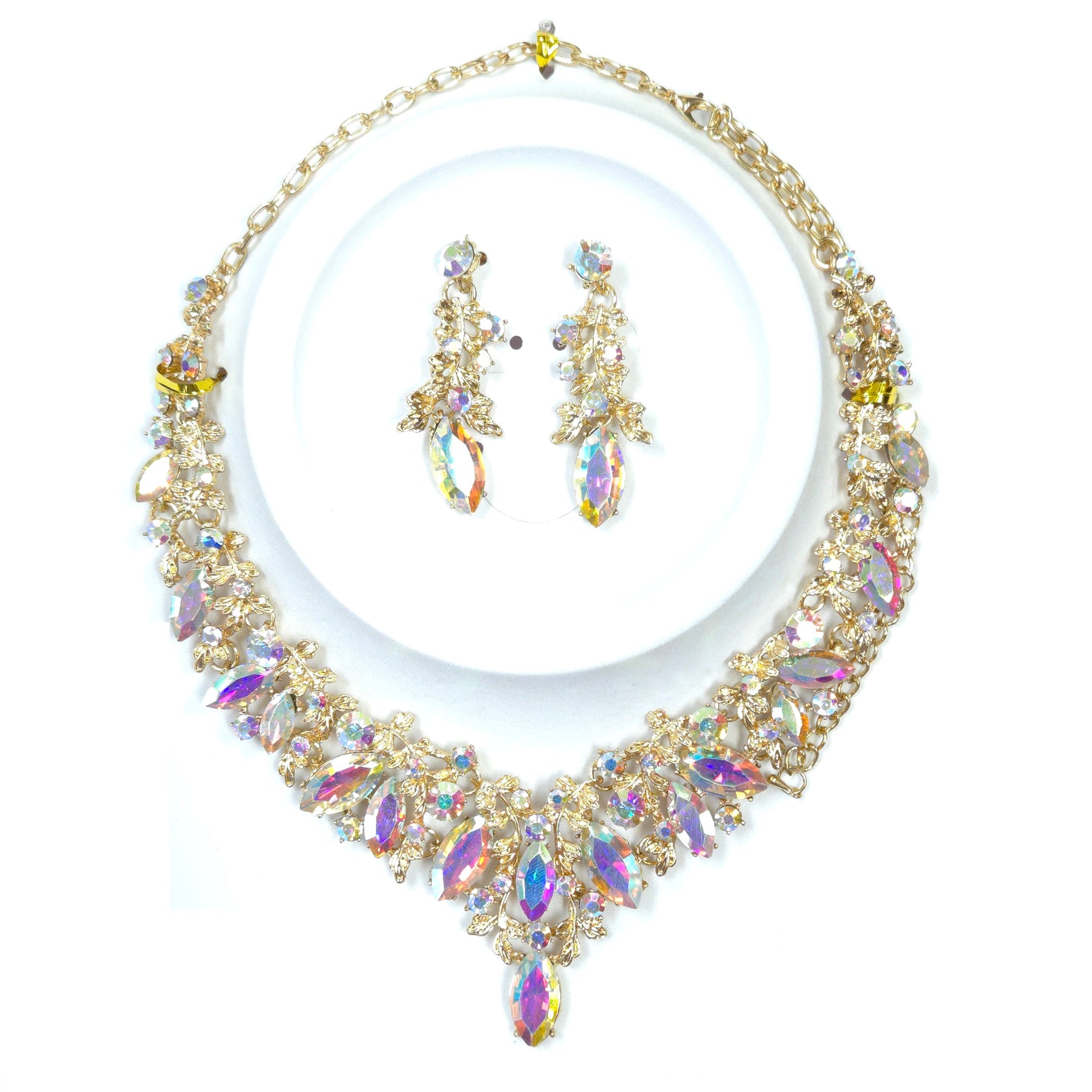 Necklace and earrings set with colorful gemstones on a white background