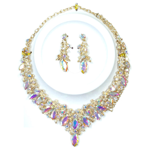 Necklace and earrings set with colorful gemstones on a white background