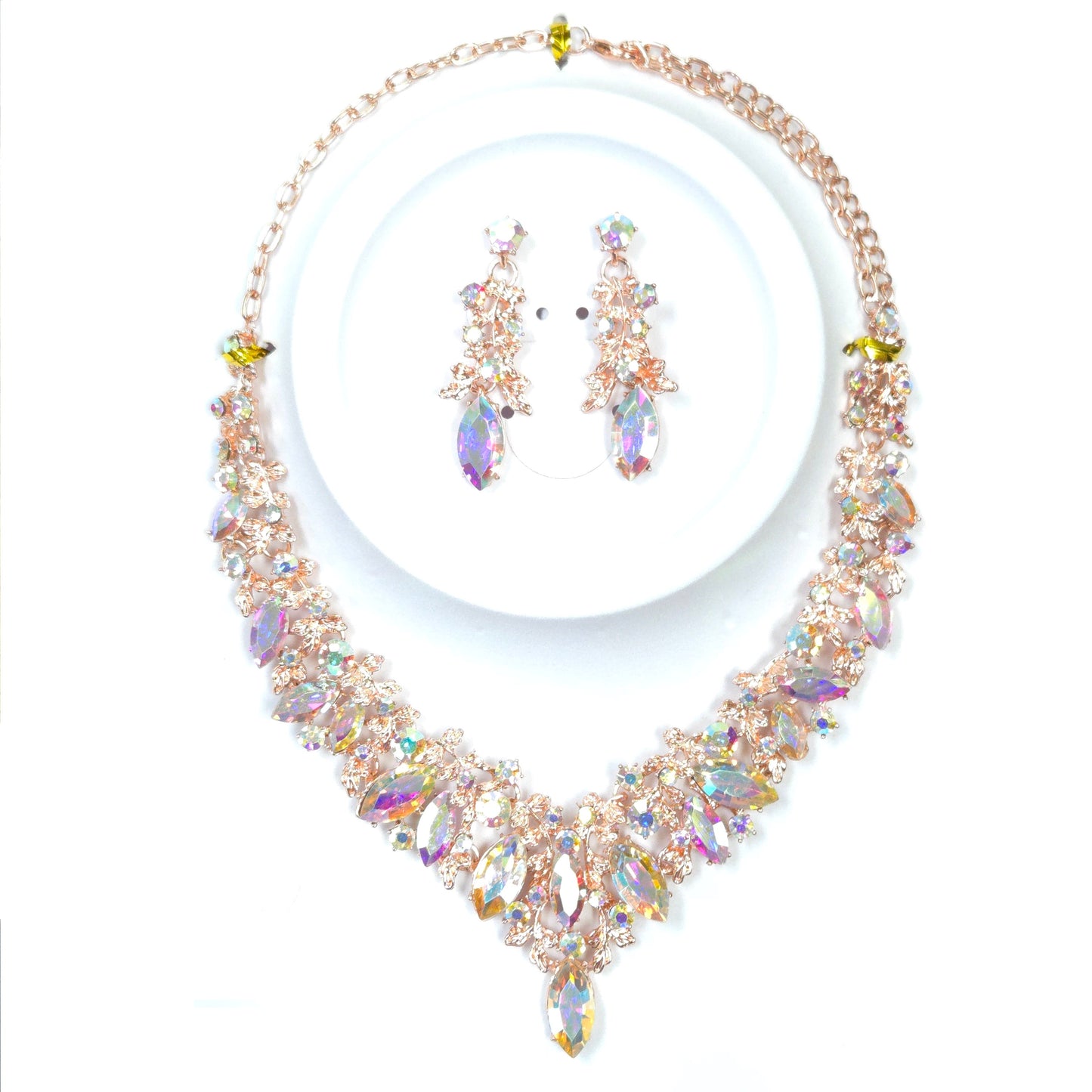 Jewelry set with necklace and earrings on a white background