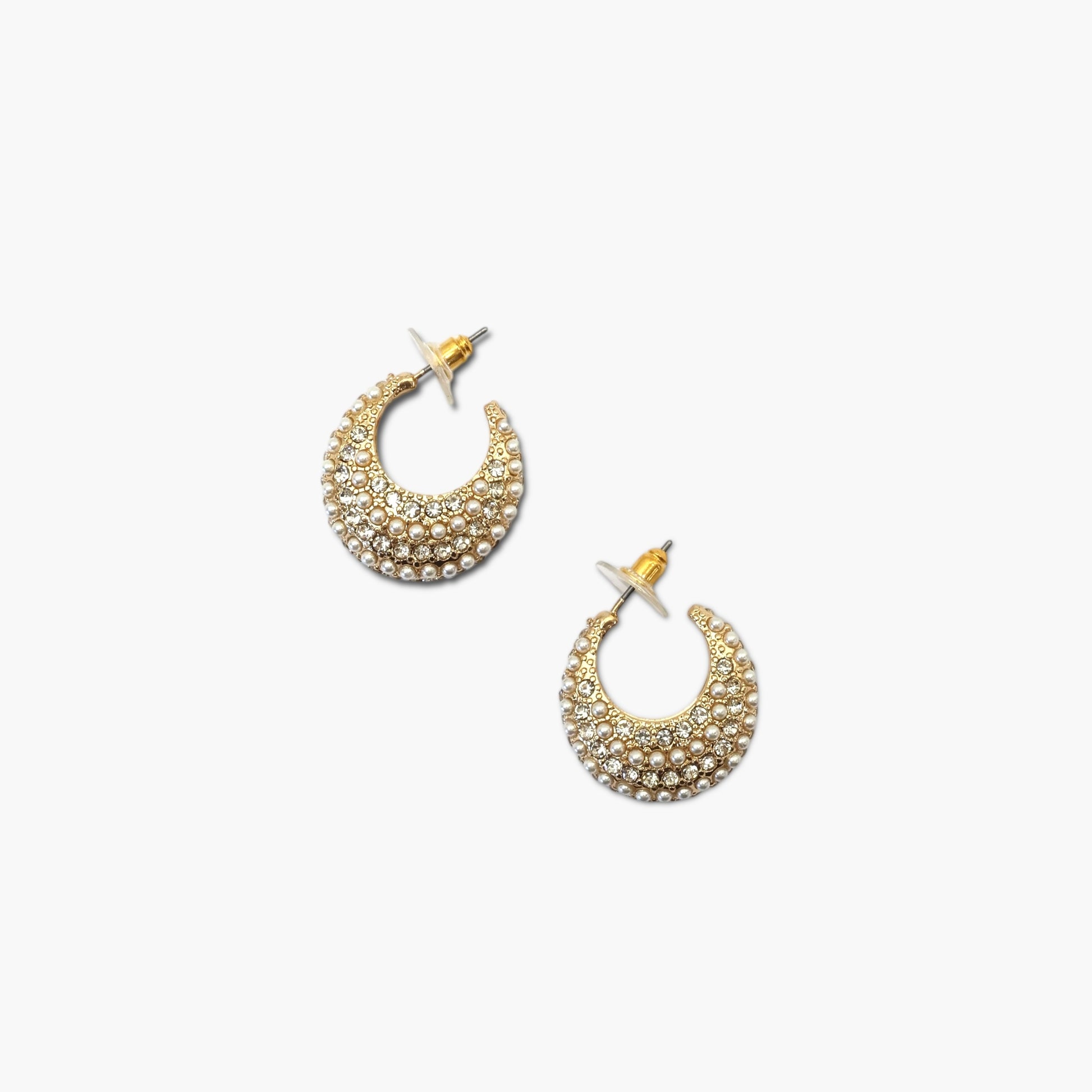 Open hoop earrings with crystal pave detailing and pearl accents in a glamorous boutique fashion style.