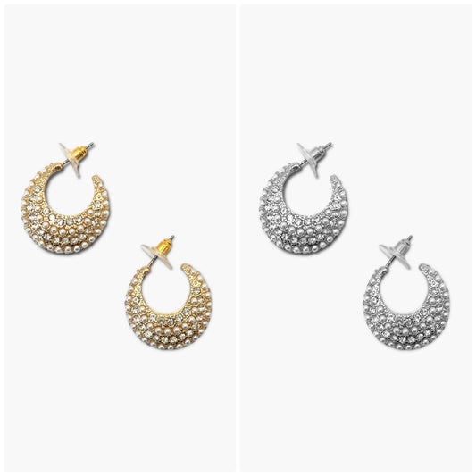Open hoop earrings with crystal pave detailing and pearl accents in a glamorous boutique fashion style.