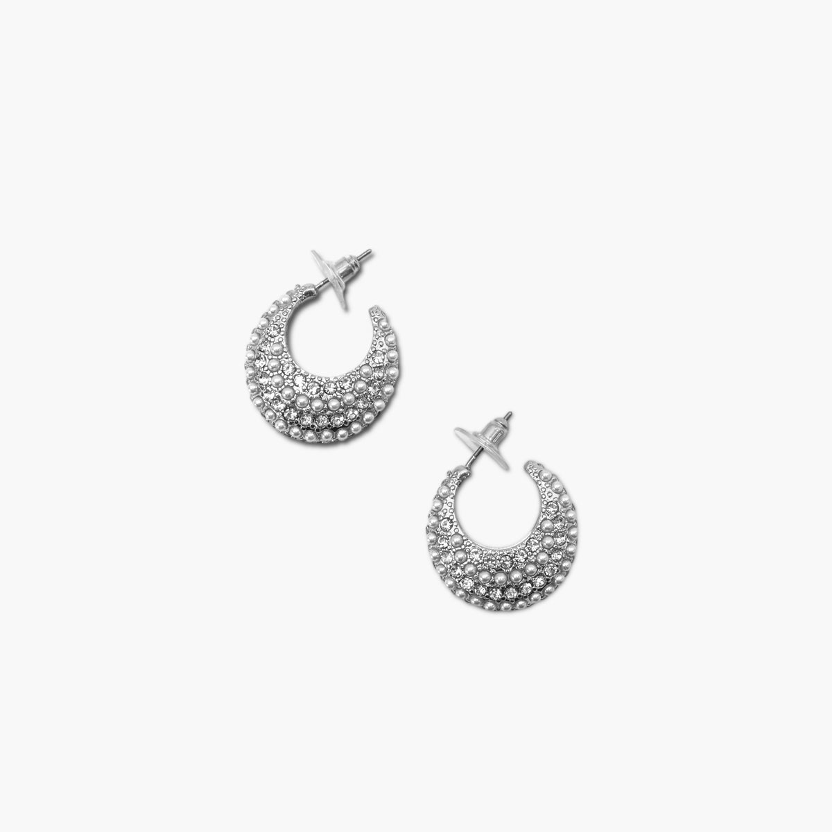 Open hoop earrings with crystal pave detailing and pearl accents in a glamorous boutique fashion style.