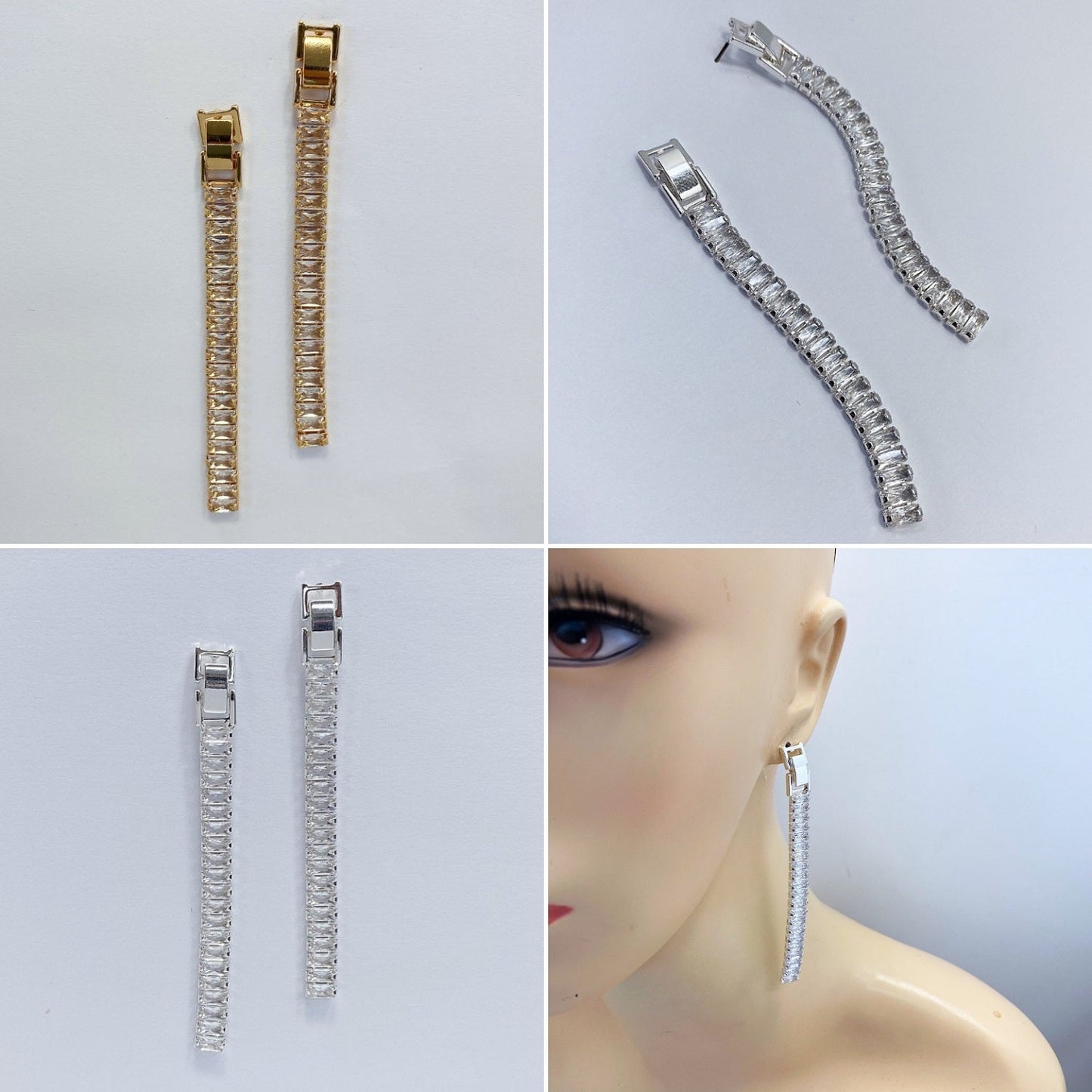 A set of rhinestone drop dangle post earrings with post back closure, displayed in gold and silver colors.