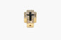 Gold and black cross pendant on a white background