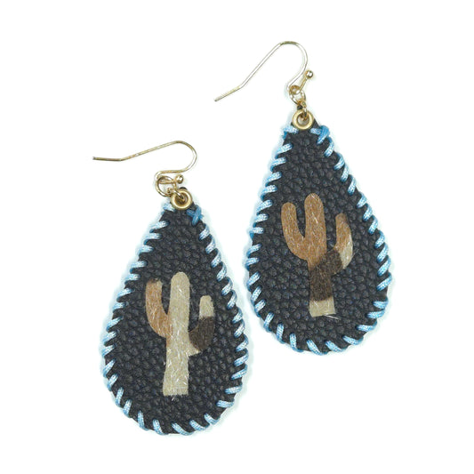 Teardrop-shaped earrings with cactus design on a white background