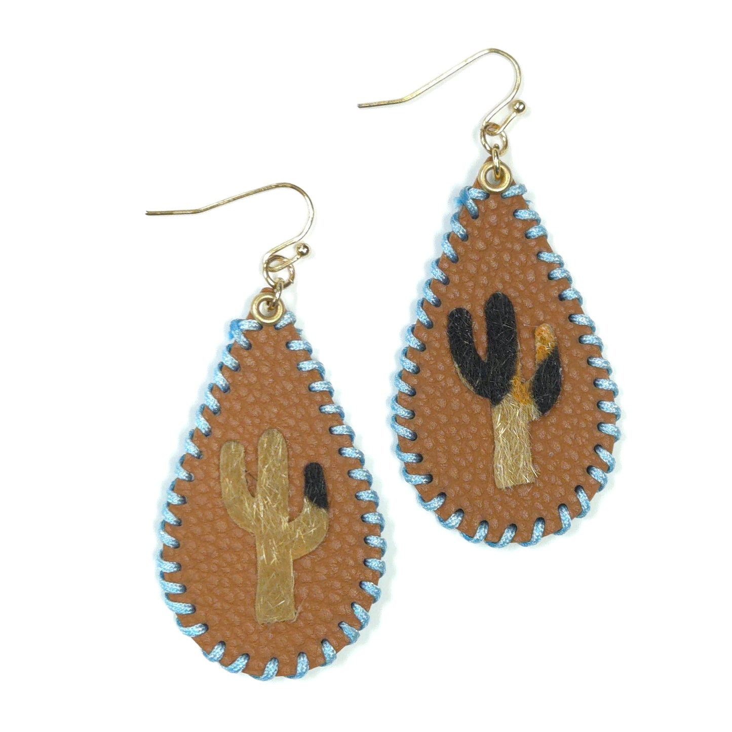 Teardrop-shaped earrings with leather design on a white background