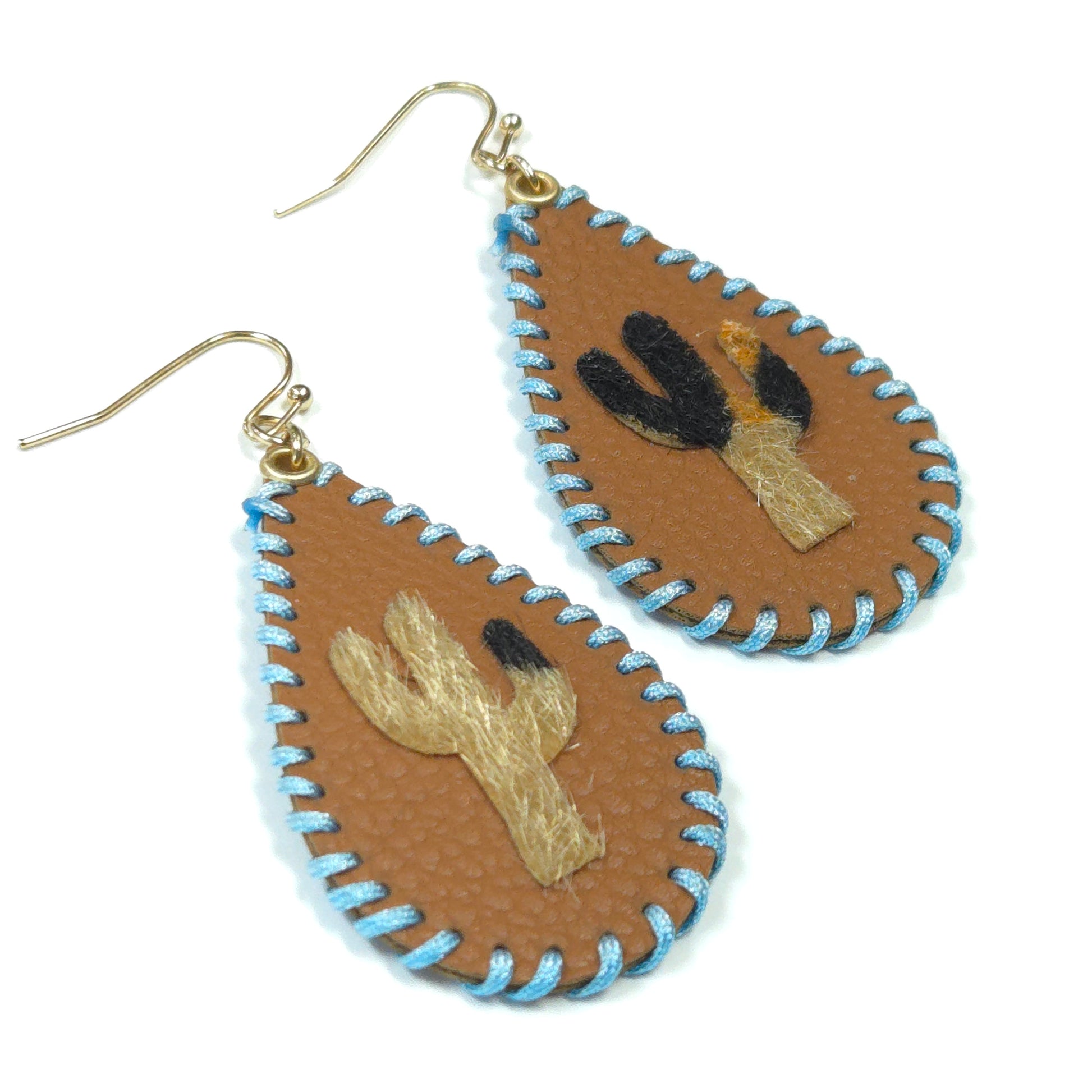 Pair of earrings with embroidered designs on a white background