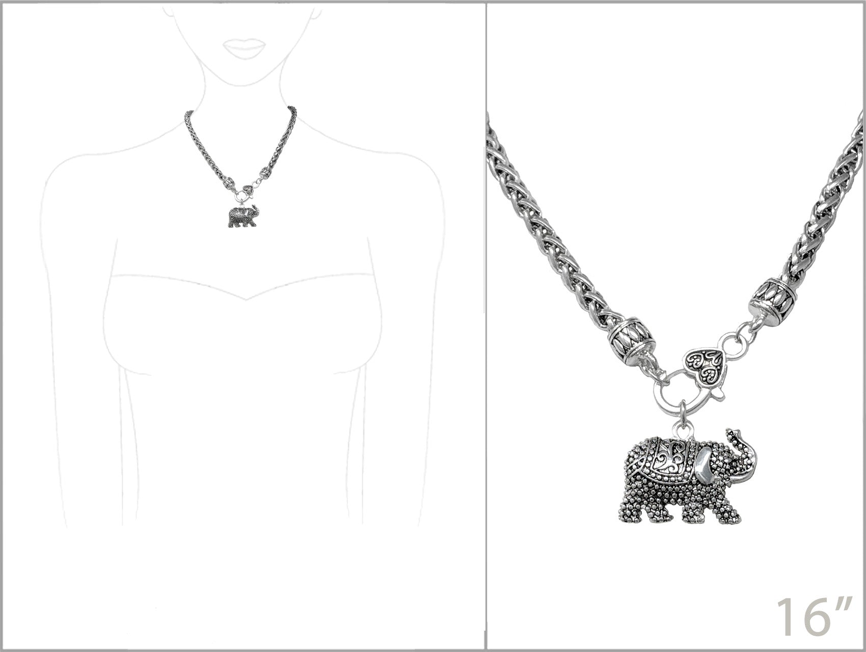 Silver necklace with elephant pendant on a white background