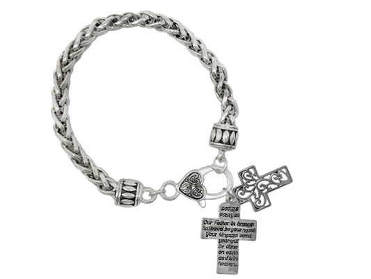 Silver-tone chain bracelet featuring ornate cross charms, engraved scripture-inspired message charm, and decorative toggle closure.