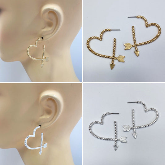 E1020 HE2551 Arrow Design Heart Love Shape Drop Post Hoop Style Earrings
