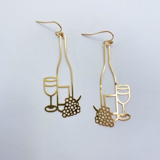 E1049 VER7521 Wine with Glass Design Thin Metal Drop Dangle Hook Earrings
