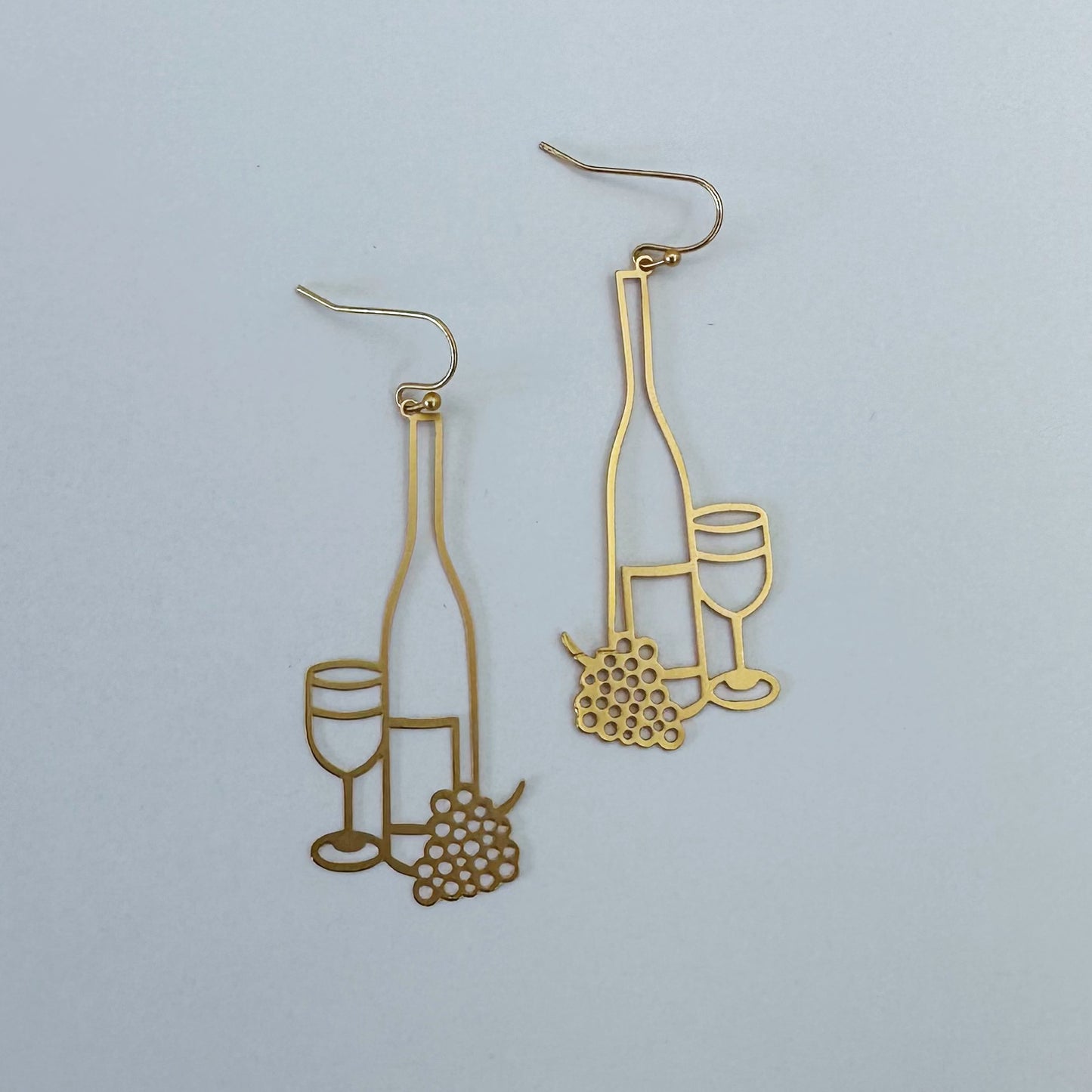 E1049 VER7521 Wine with Glass Design Thin Metal Drop Dangle Hook Earrings