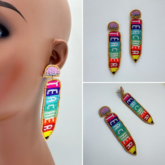 E0887 AE6289 Beaded Word TEACHER Pencil Shape Drop Dangle Post Earrings