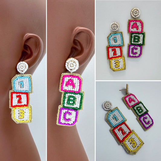 E0886 AE6270 Beaded 123, ABC Shape Drop Dangle Post Earrings