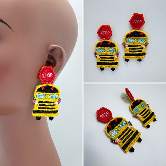 E0888 Bead School Bus Design Drop Dangle Post Earrings