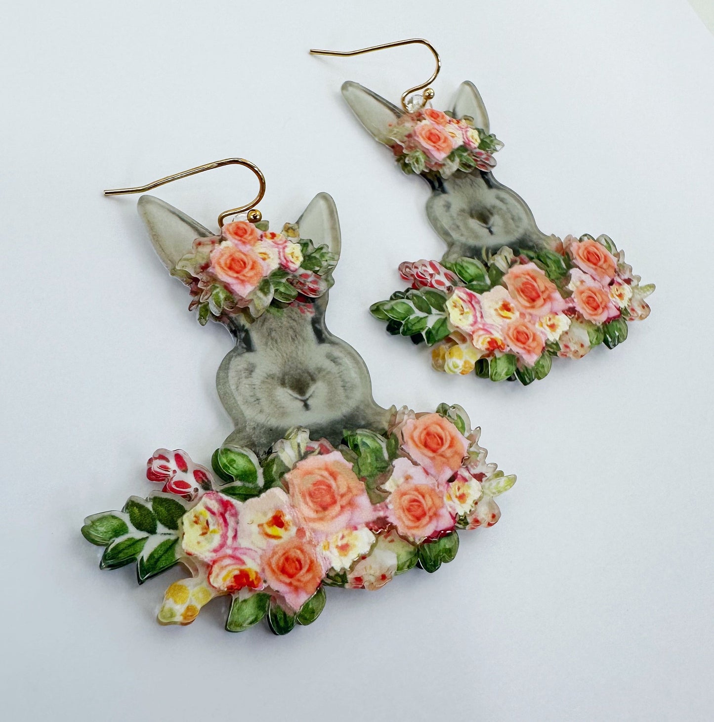 E1048 VER1165 Rabbit Bunny Flowers Design Drop Dangle Hook Earrings
