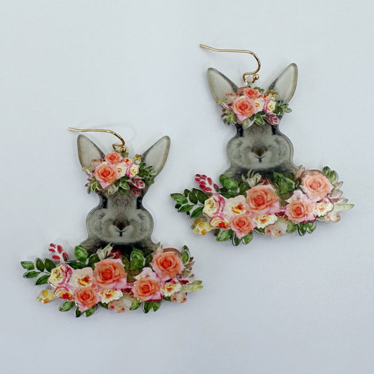 E1048 VER1165 Rabbit Bunny Flowers Design Drop Dangle Hook Earrings