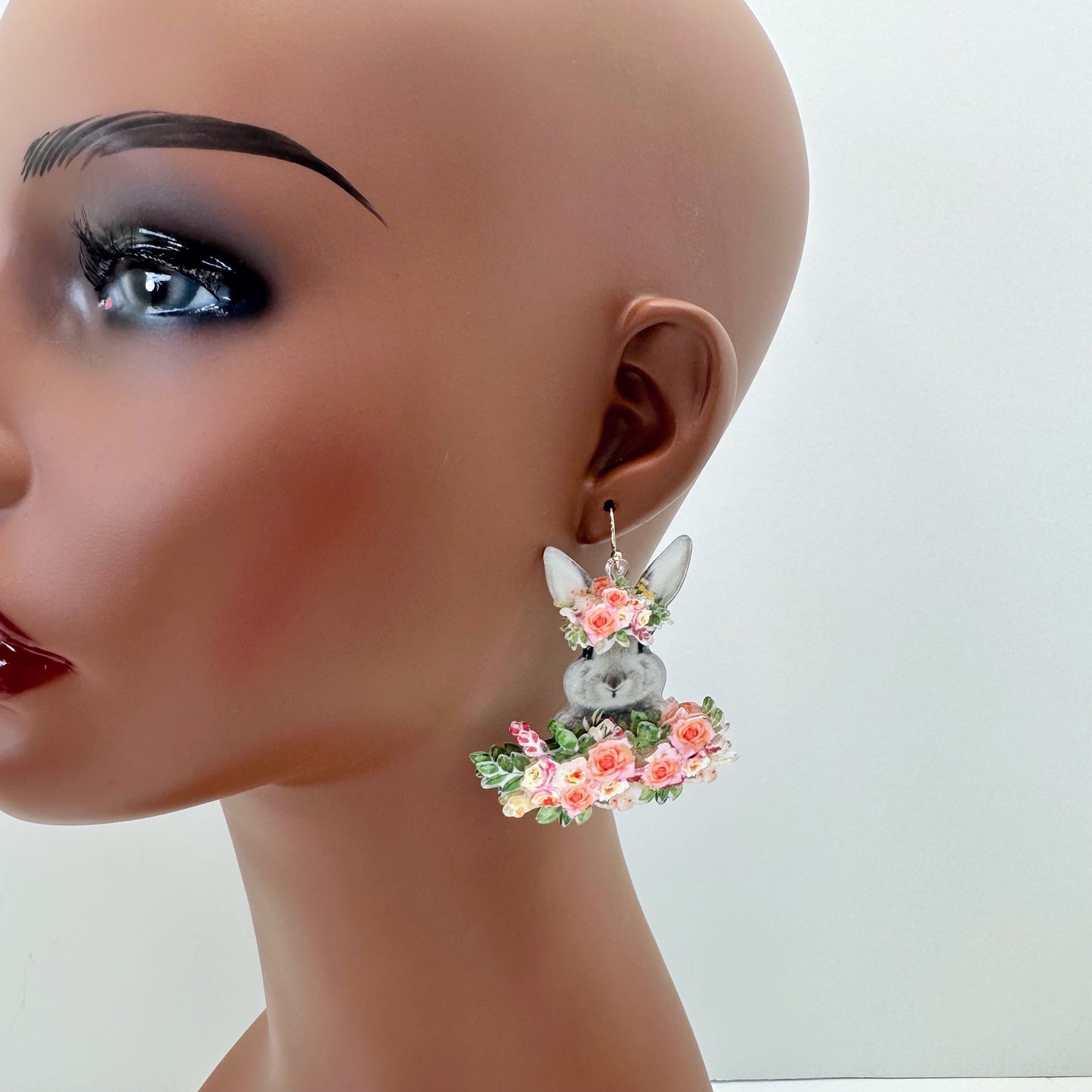 E1048 VER1165 Rabbit Bunny Flowers Design Drop Dangle Hook Earrings