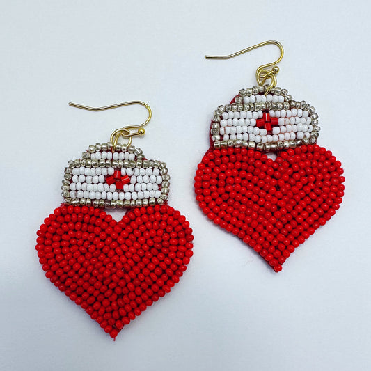 E0726 AE5500 Bead Heart Design Drop Dangle Earrings