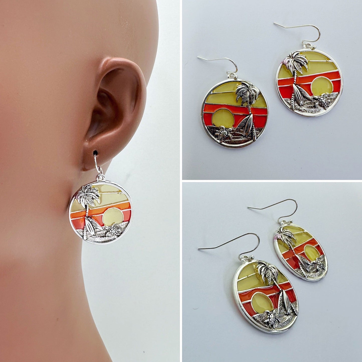 E0964 AE6972 Palm Tree Beach Sun Design Circle Shape Drop Dangle Hook Earrings