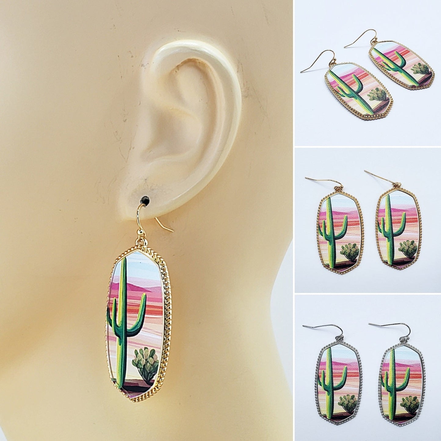 E1039 VER4417 Western Desert Cactus Design Oval Shape Drop Dangle Earrings