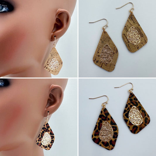 E0924 AE6204 Thin Cork Filigree Design Drop Dangle Hook Earrings