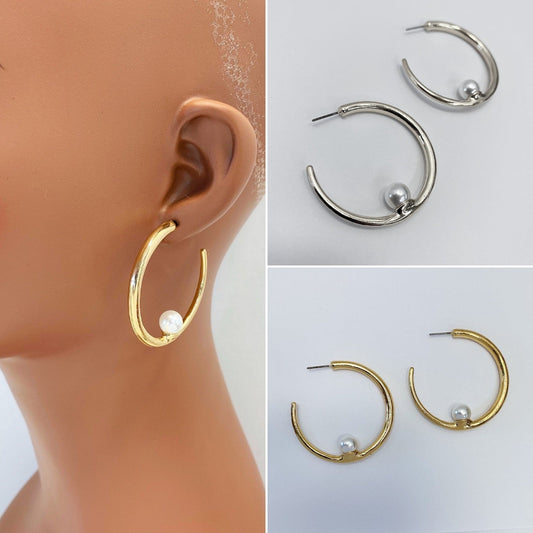 E0938 IE2584 Pearl Accented Open circle Hoop Style Post Earrings