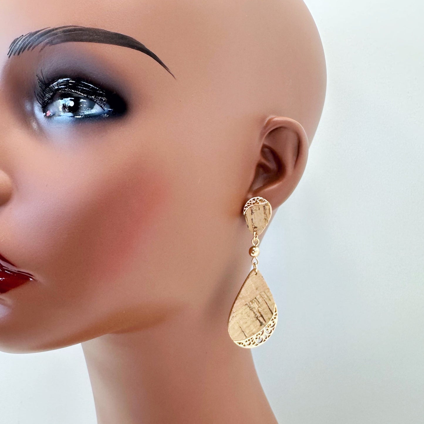 E0959 AE6202 Thin Cork Rough Teardrop Shape Drop Dangle Earrings