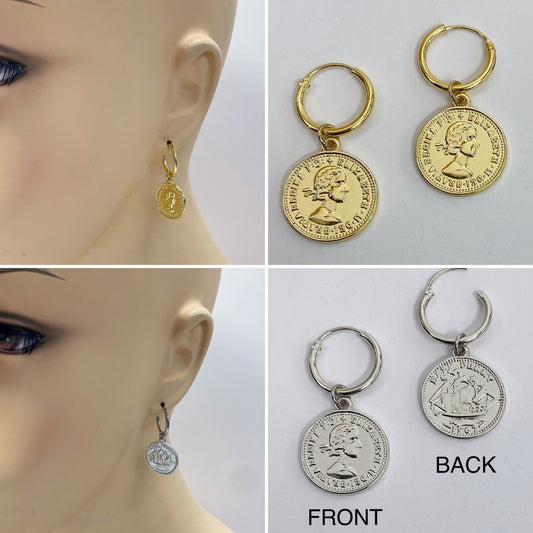 E1273 VER5221 Coin Drop Dangle Hoop Earrings