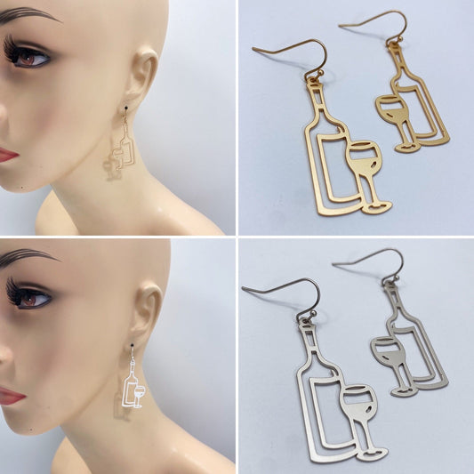 E1045 VER3851 Wine Bottle with Glass Design Metal Drop Dangle Earrings
