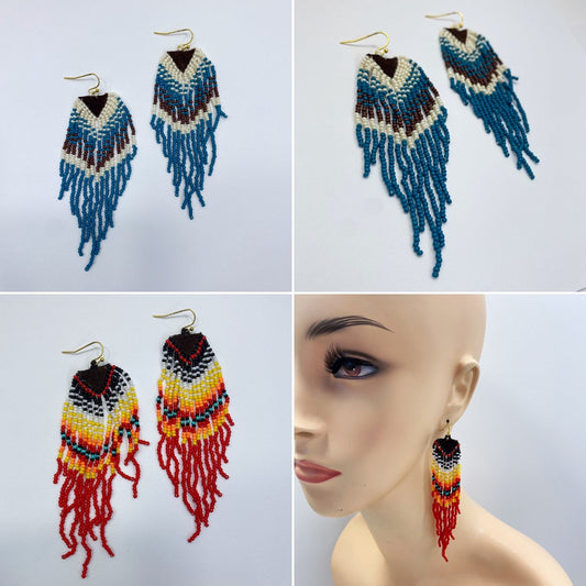 E0975 AE4033 Tribal Design Beaded Tassel Drop Dangle Hook Earrings