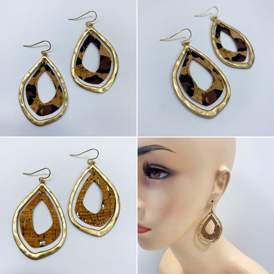 E0985 AE4114 Thin Cork Rough Teardrop Shape Drop Dangle Earrings